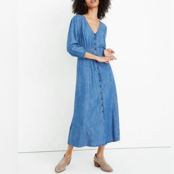 Madewell Denim Pieced Waist Midi Dress Mariden Wash Chambray Blue A Line Size 2 - Picture 13 of 16